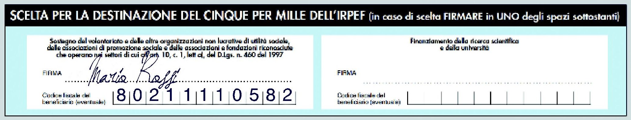 talloncino del cinque per mille sul modulo dichiarazione dei redditi