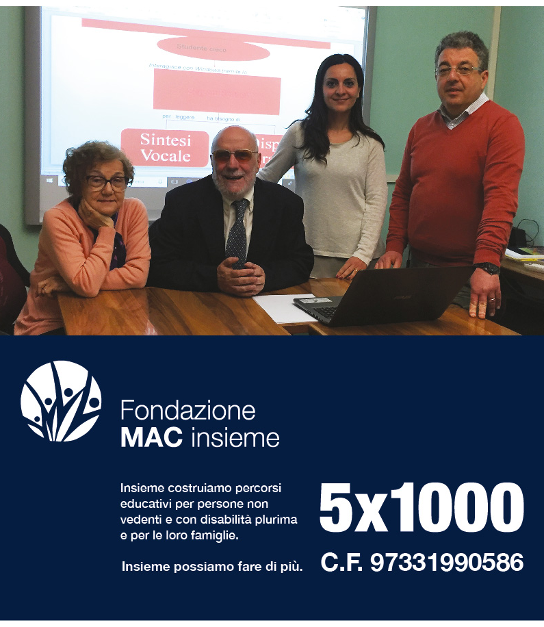 invito per il 5x1000 alla Fondazione MAC insieme, con uno slogan e la foto del presidente e dello staff