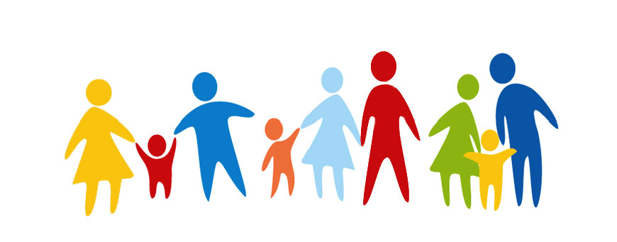 immagine di famiglie colorate e stilizzate,  genitori e bimbi che si tengono per mano